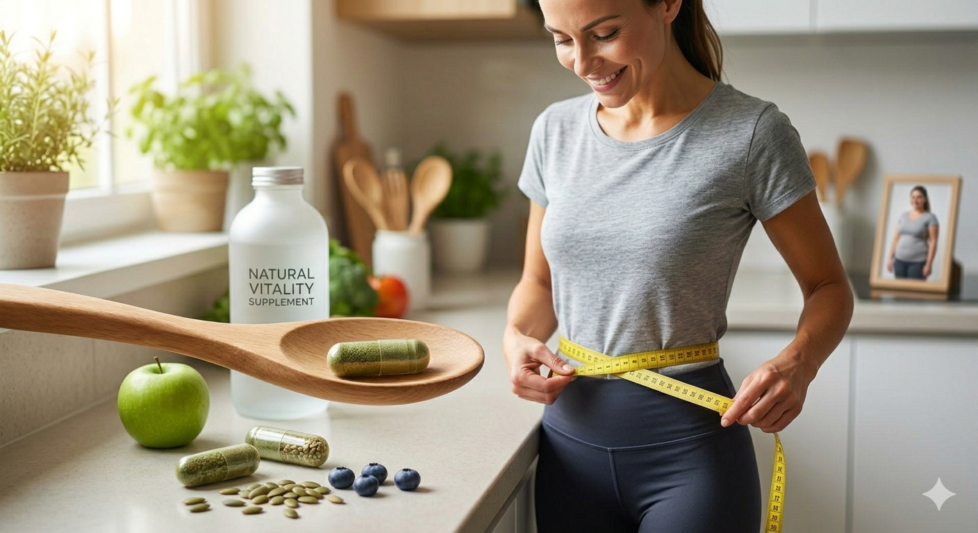 Woman measuring waist after successful weight loss